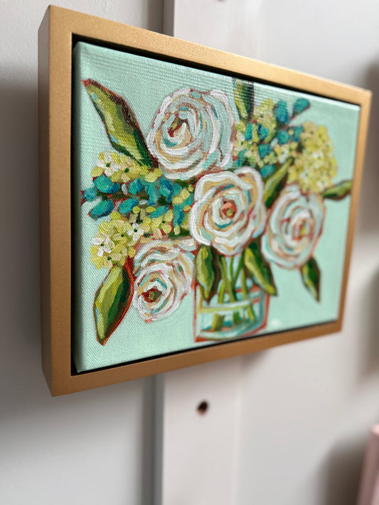 Peaceful Blooms 8”x10” framed in a gold painted wooden frame