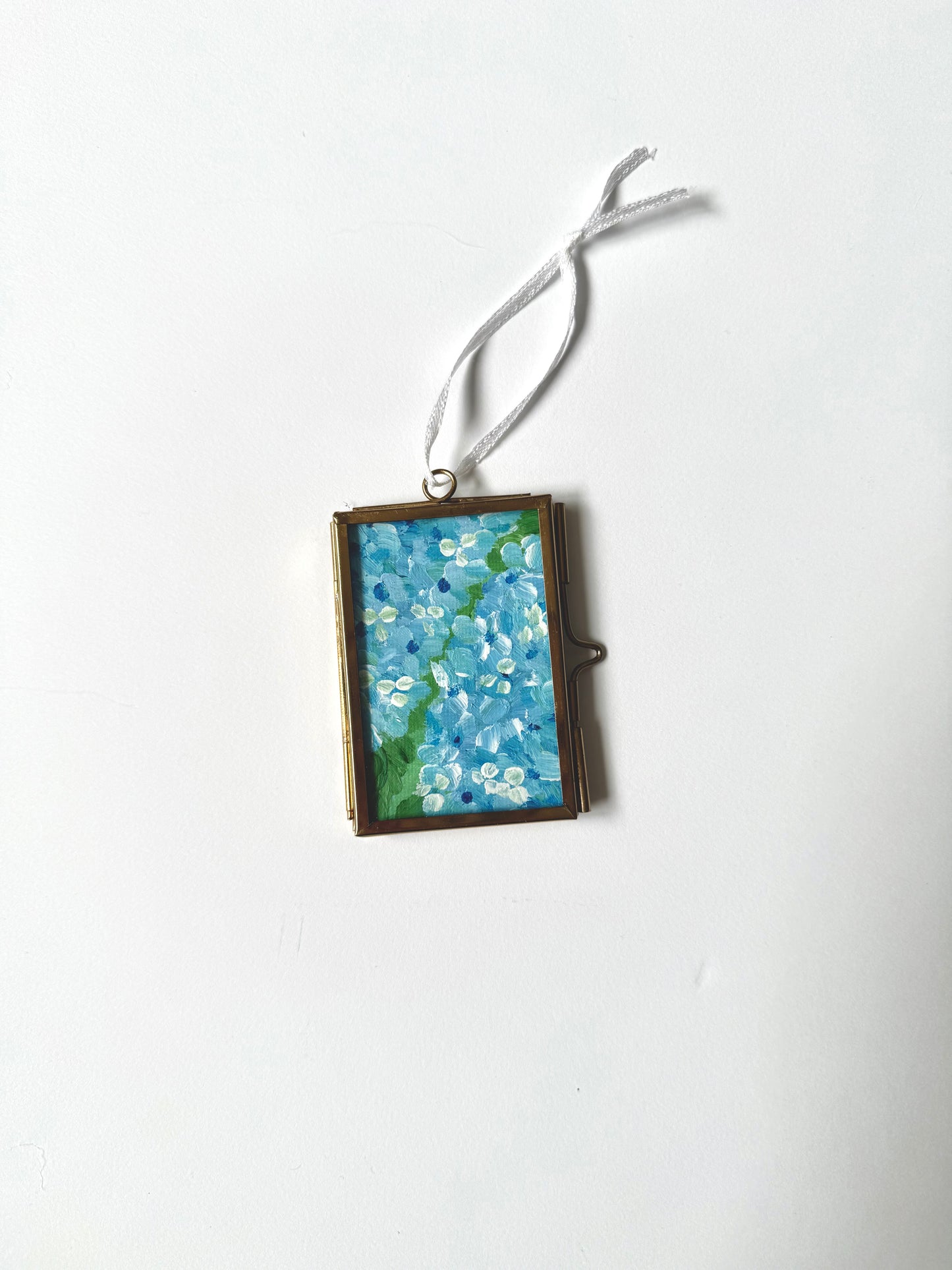 Blue hydrangea glass framed ornament