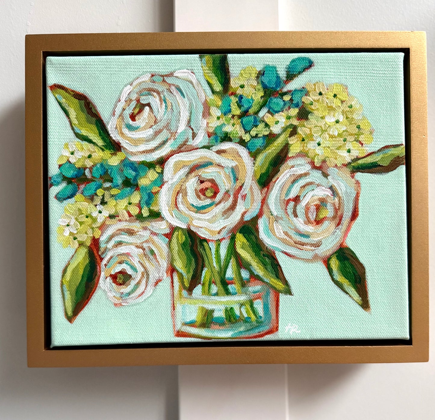 Peaceful Blooms 8”x10” framed in a gold painted wooden frame