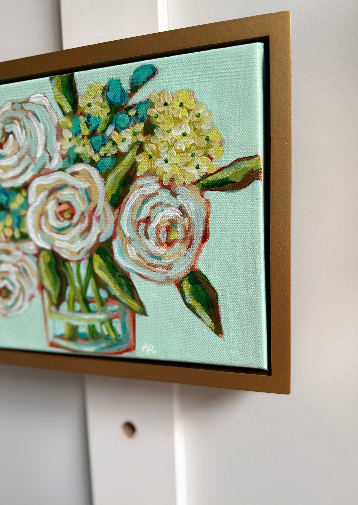 Peaceful Blooms 8”x10” framed in a gold painted wooden frame