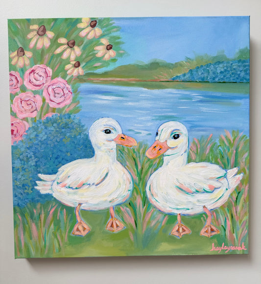 Painting of two ducks by a pond with flowers and grass.